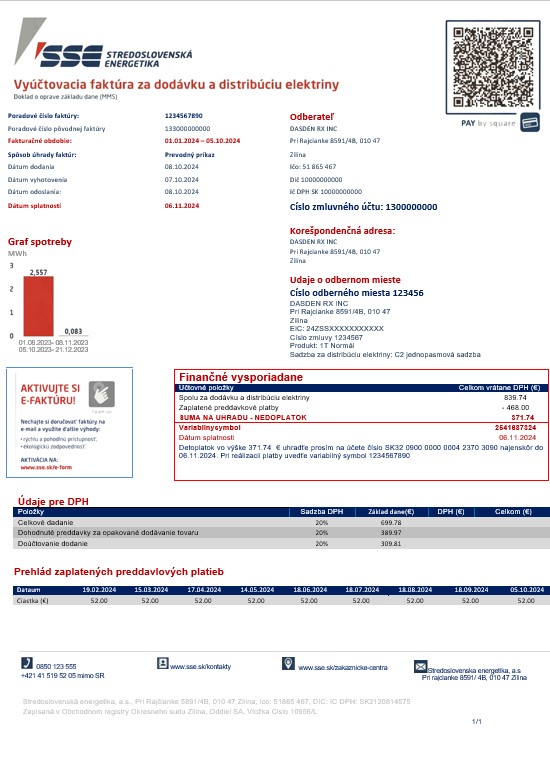 Slovakia Stredoslovenka Energetika business utility bill template in Word and PDF formats